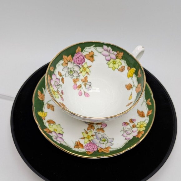 Stanley Bone China Pink Green Floral Wide Mouth Tea Cup Saucer Gold Trim Vintage - Picture 1 of 17